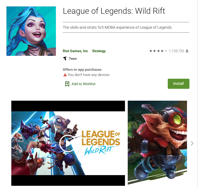 App Store Optimization - League of Legends Wild Rift on the Google Play Store