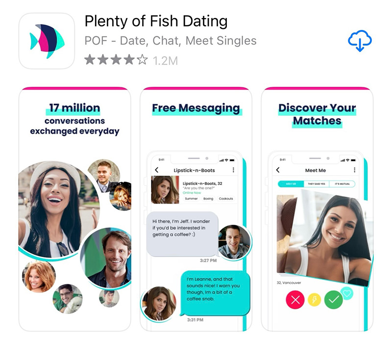 Plenty of fish app store screenshots showing app features