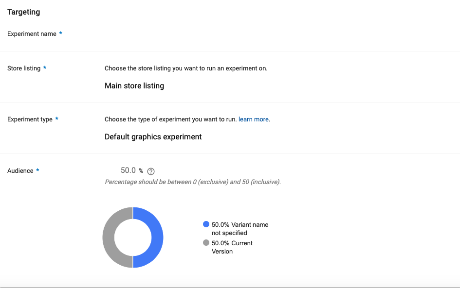google play experiment set up example showing experiment name, store listing, experiment type, and audience