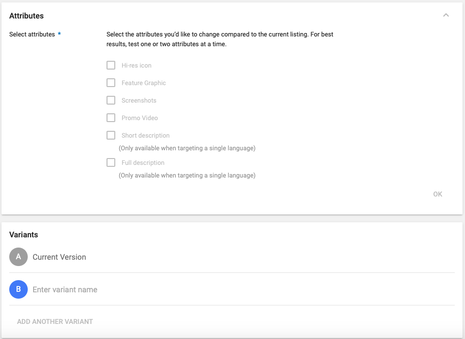 google play experiments attribute selection and variant creation