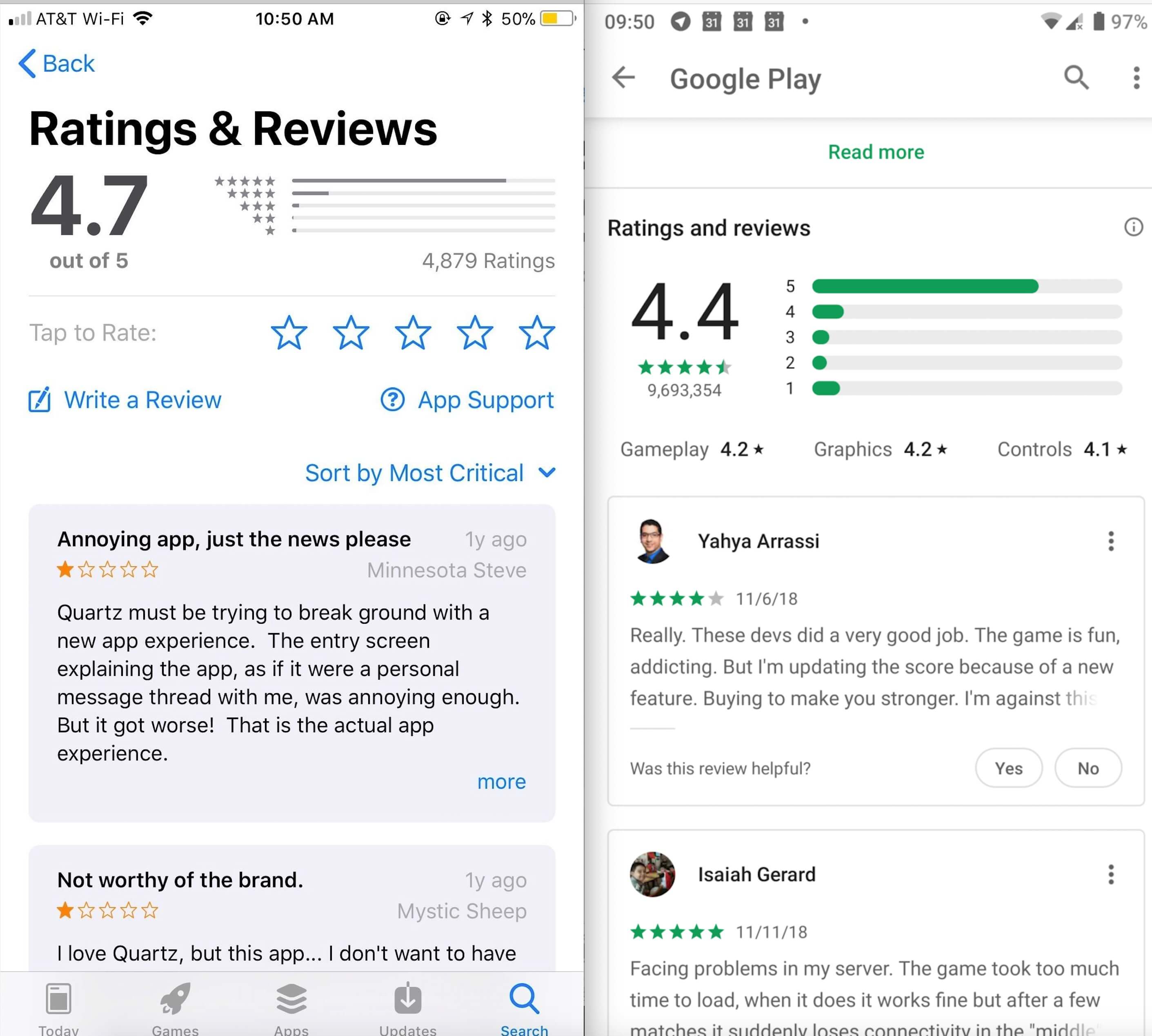 Apple App Store reviews section (left) and the new Google Play reviews section (right)