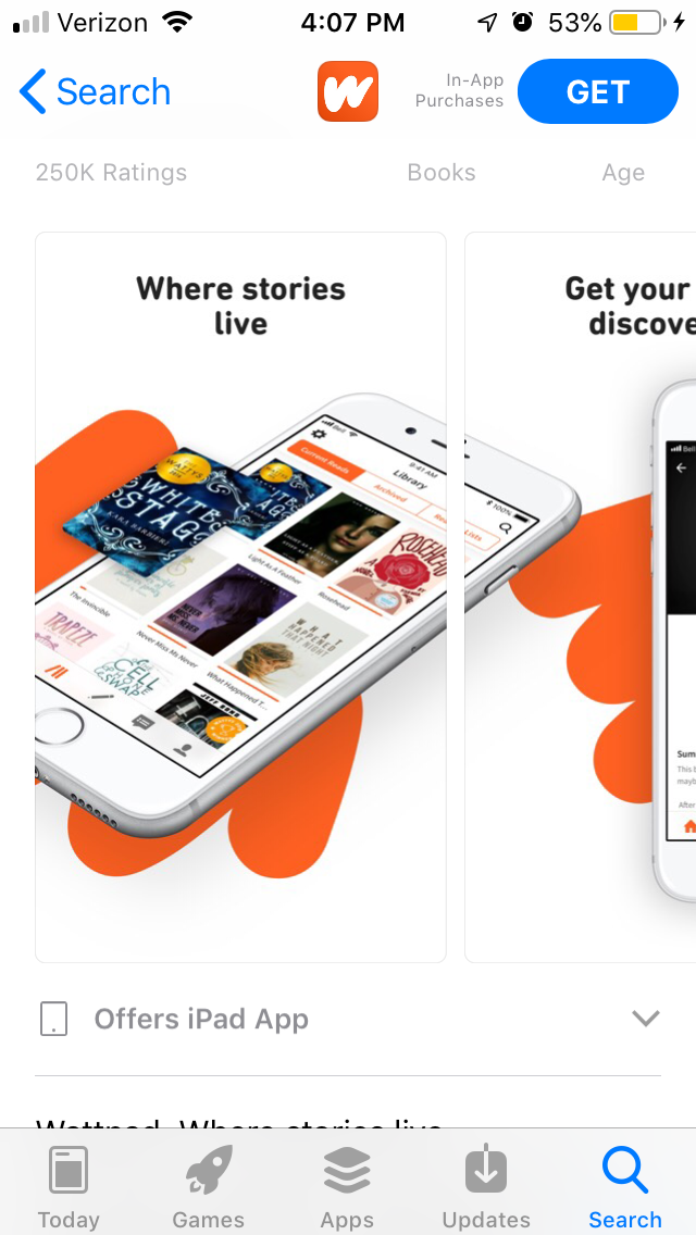 iphone app screenshot with devices showing Wattpad app